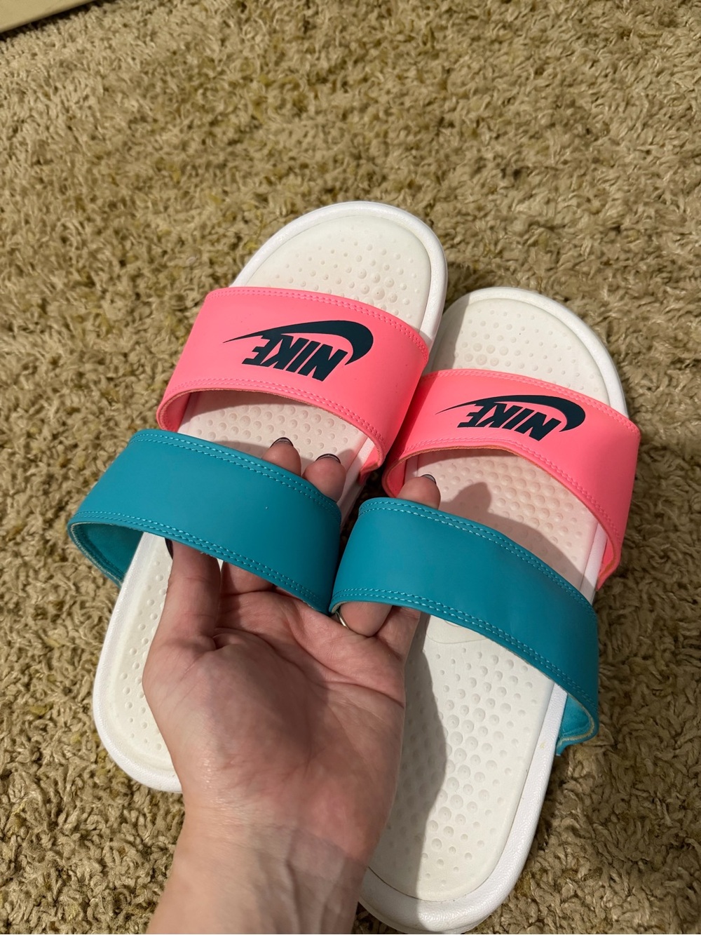 Nike Women’s Two-Stripe Slide Sandals in Pink & Teal